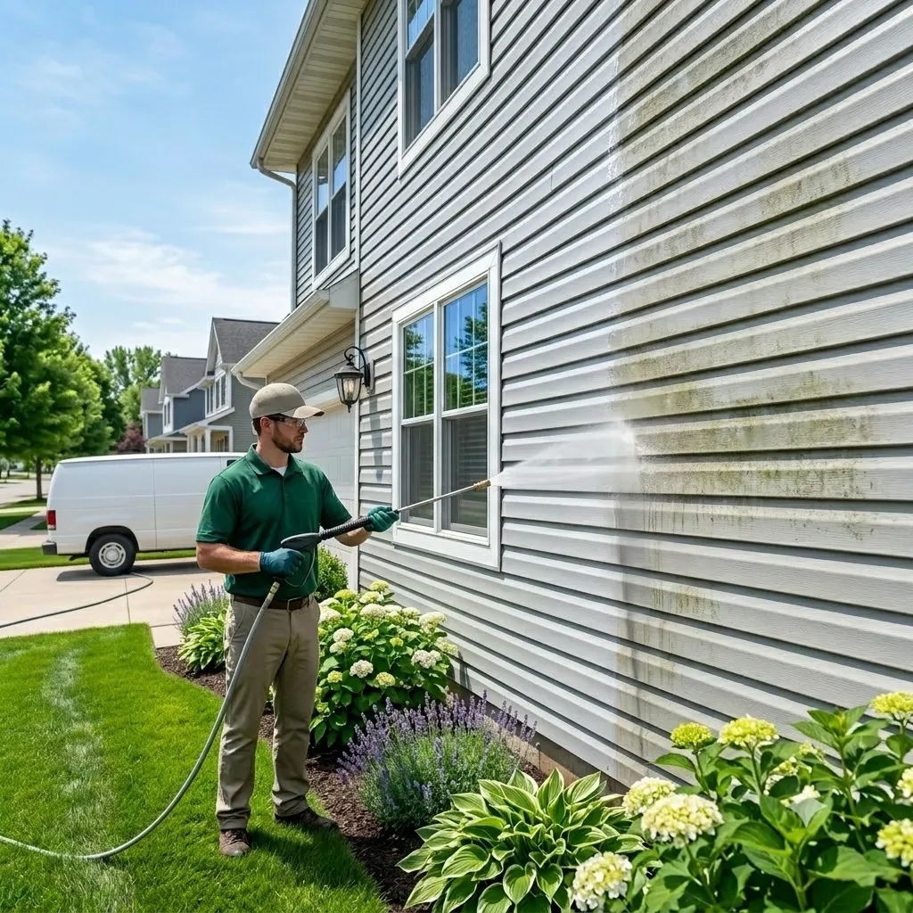 Exterior house washing service on a home in Iowa City, Iowa